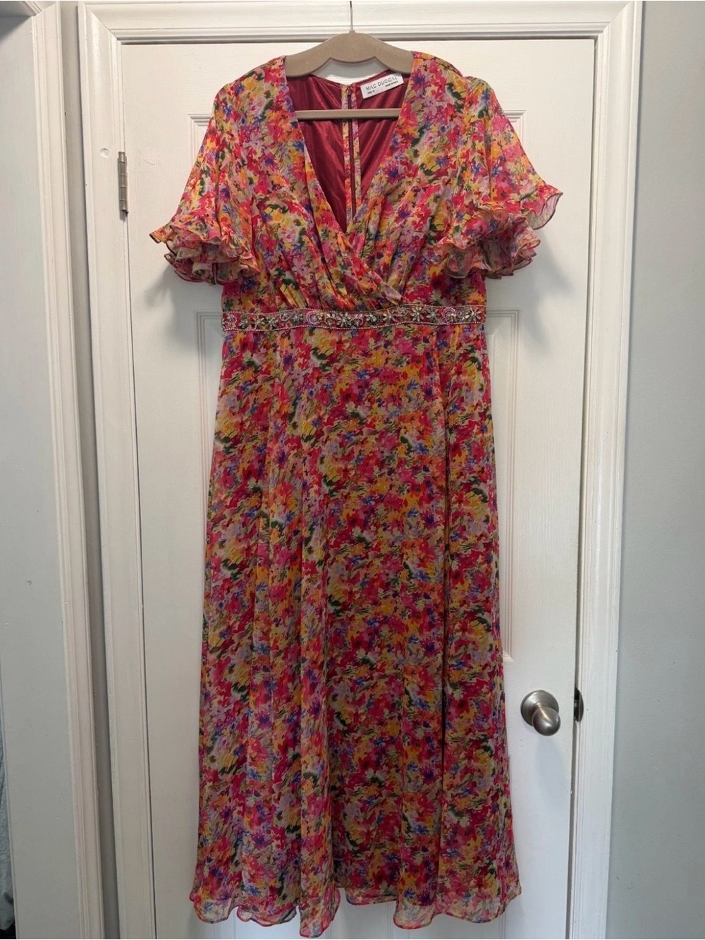 Mac Duggal Pink Multi Floral Maxi Dress with Embellished Waist